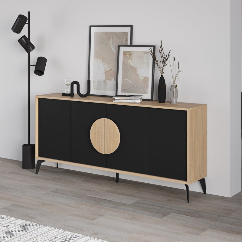 Mourah Home Gora Console - Modern Sideboard With 4 Doors - Storage Cabinet For Living Room, Office, Lounge, Dining Room, Kitchen, Hallway - 40X82X180 Cm - Oak/ Black- 2 Years Warranty - Image 1